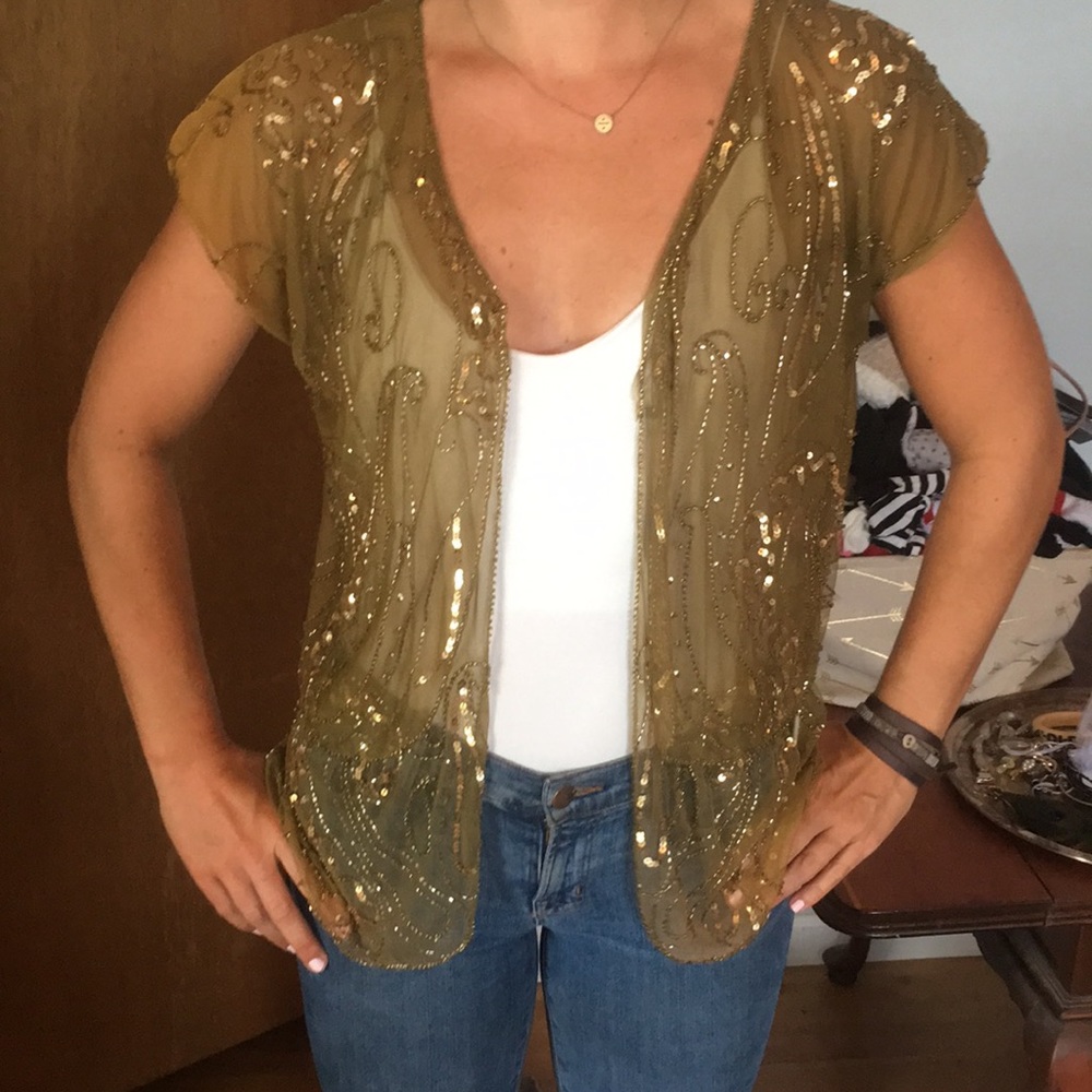 NWOT short sleeve sequin sheer shall